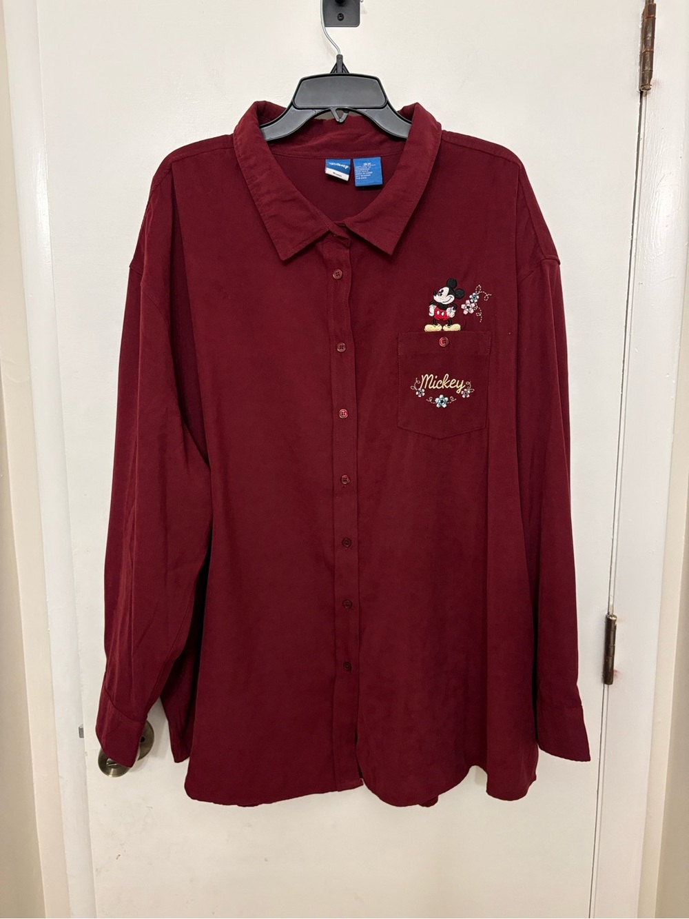 Disney Woman 3X Shirt Burgundy Mickey Mouse Embroidered Button Up Faux Suede